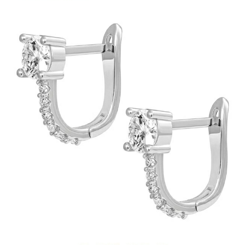 14K White Gold Plated Cubic Zirconia Huggie Hoop Earrings - Picture 2 of 4